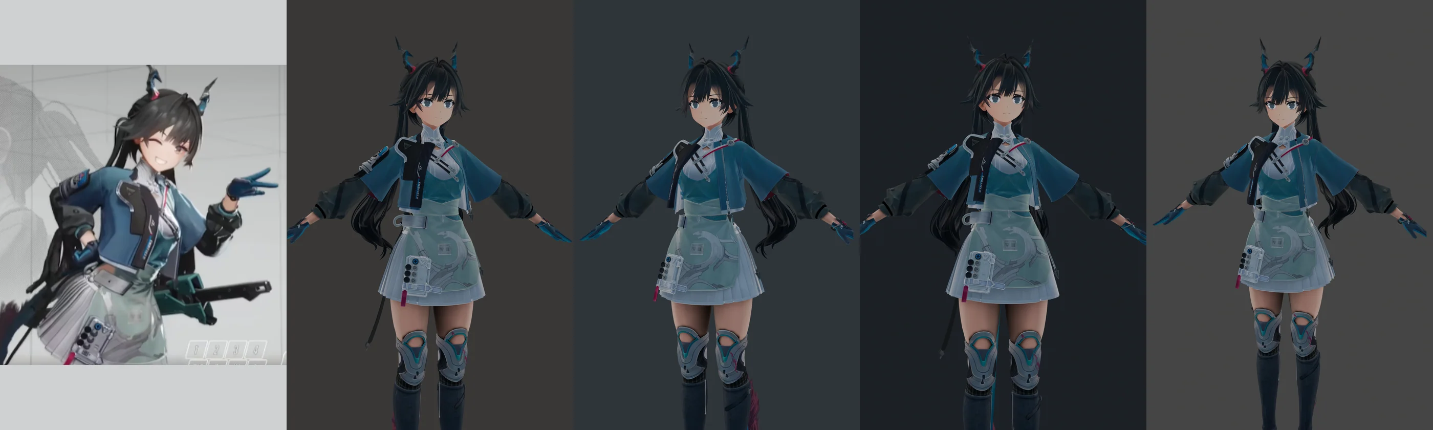 Blender Cycles character rendering reference and four viewing angles